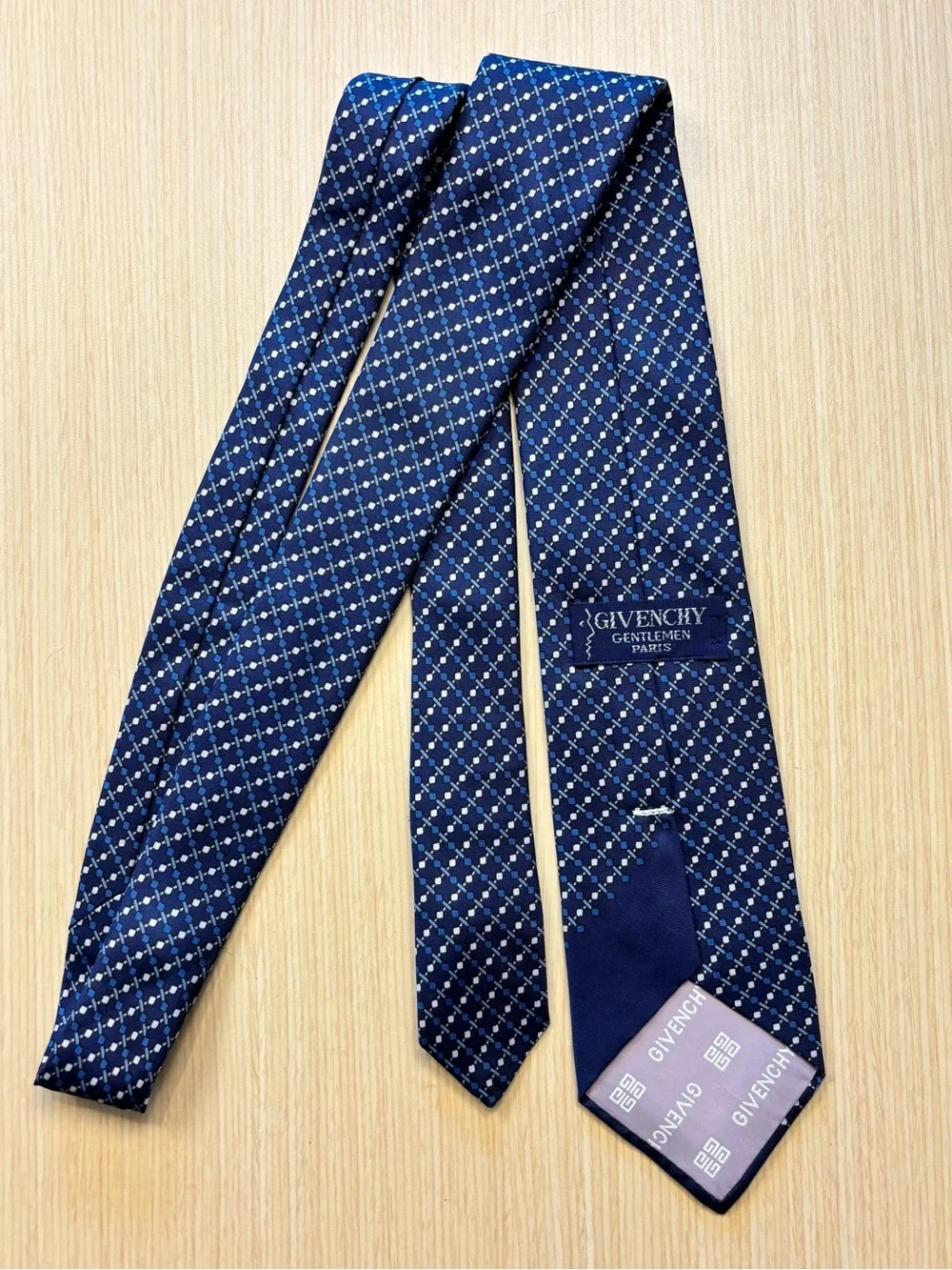 Givenchy VTG Blue Silk Geometric Micro Pattern Men's Necktie Luxury Designer